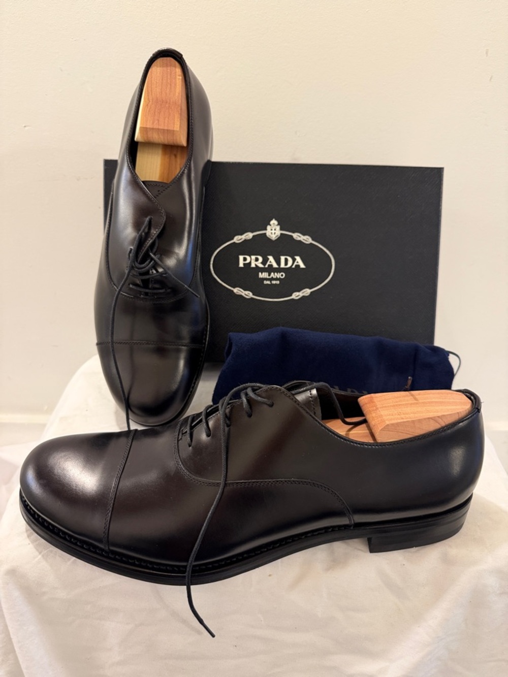 Prada Black Leather Cap-Toe Oxfords